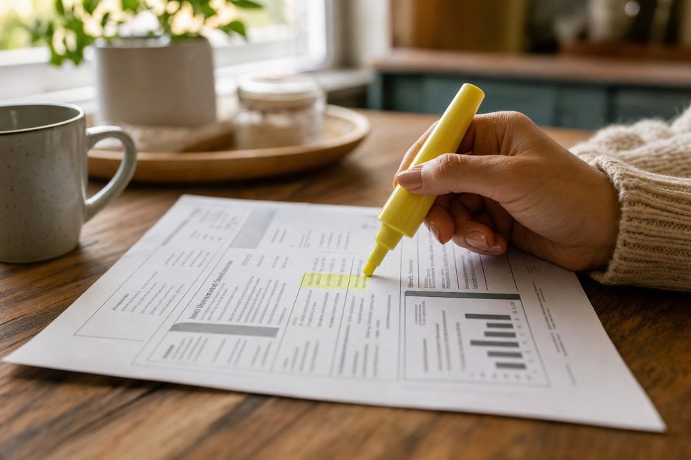 A homeowner marking a line item on a paper electric utility bill with a yellow highlighter