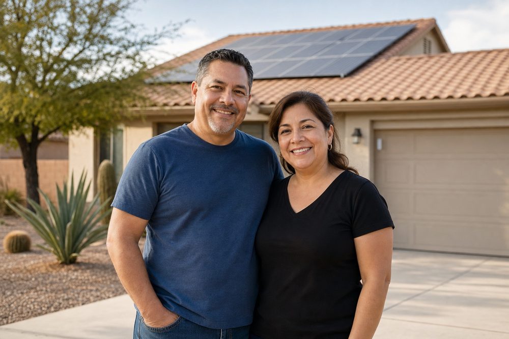 A couple standing in the driveway of their suburban home, which has solar panels on the roof